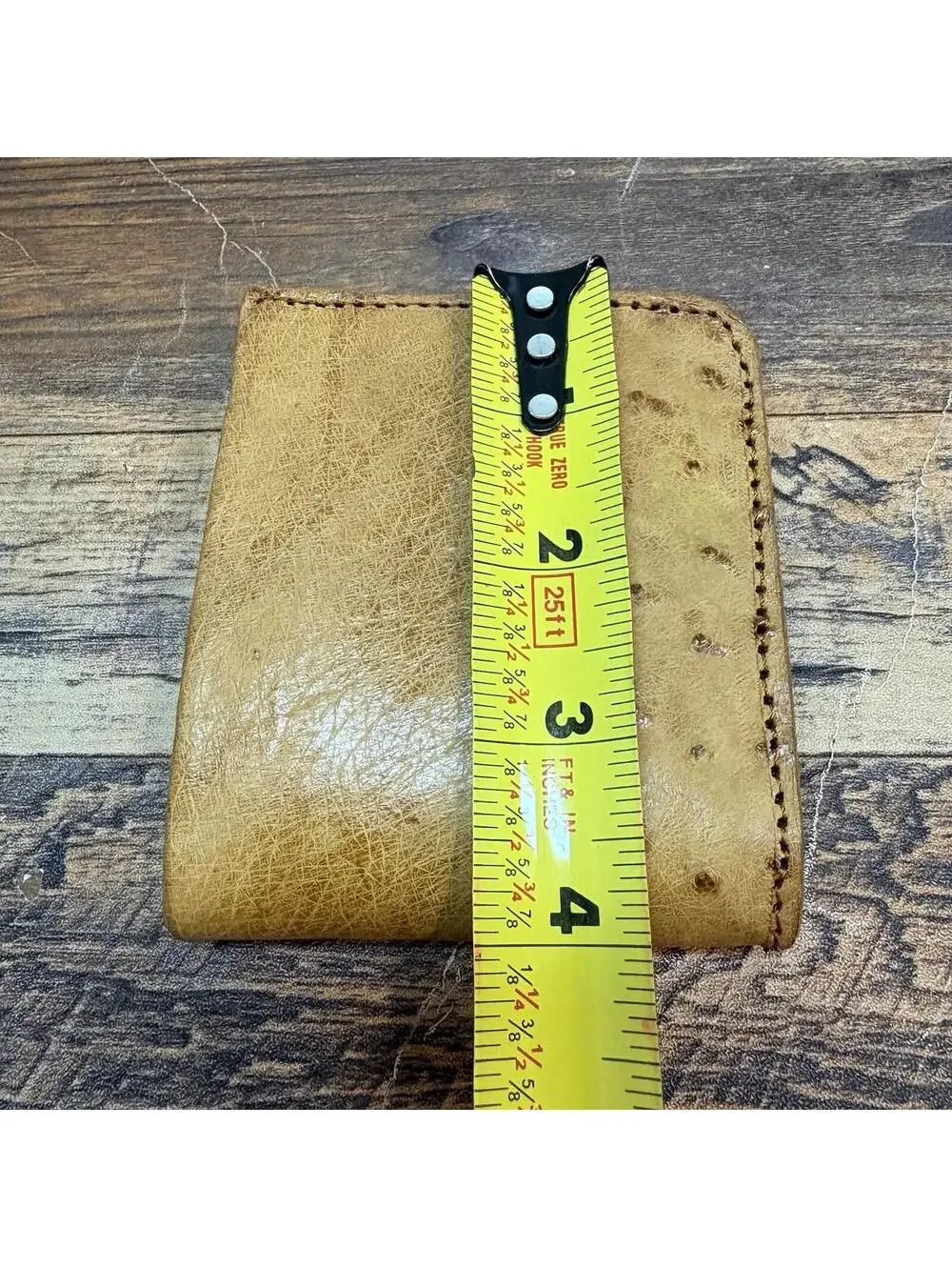 Vintage Ostrich Leather Men's Bifold Wallet w/Photo Folio Light Brown Handmade